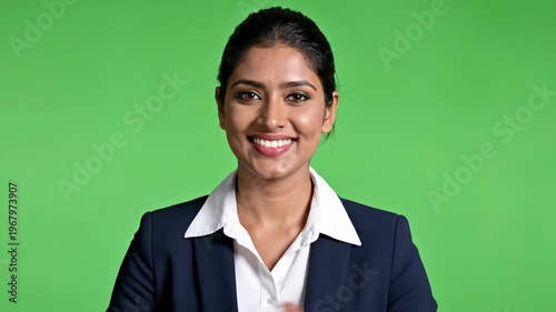 Professional businesswoman smiling against vibrant green background