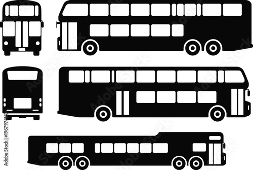 City bus silhouettes collection, front side and rear views vector illustration of public transport vehicles isolated minimal design set