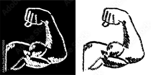 Set editable chalk drawing strong arm vector for physical education. Ideal for symbolizing vintage gym fitness, chalkboard muscle training, and school sport health.