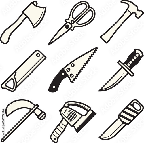 Set of different tool silhouettes including hammer scissors saw wrench screwdriver and other equipment in a clean vector icon style.