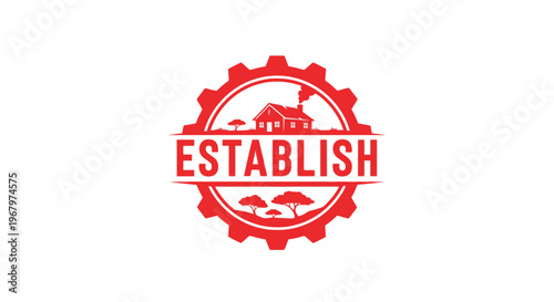 Red gear logo with the word ESTABLISH and a building inside, a symbol of industry.