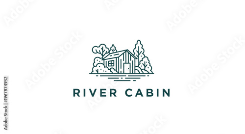River Cabin Logo - Serene Cabin Amidst Natures Embrace, Tranquil Retreat, Peaceful Getaway.