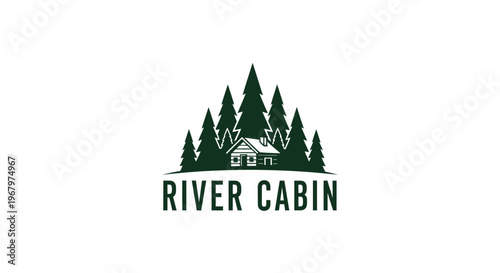 River Cabin Logo - Serene Cabin Amidst Towering Pine Trees, Natures Embrace.
