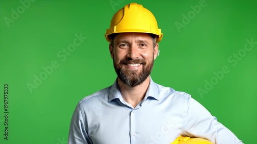 Smiling male construction worker with yellow helmet on green screen background