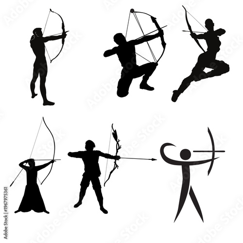 Archer Silhouette Collection and Ancient Warrior Set Featuring Bow and Arrow Poses for Hunting Sport Competition Medieval Combat History Game Character Design and Traditional Martial Arts Illustration
