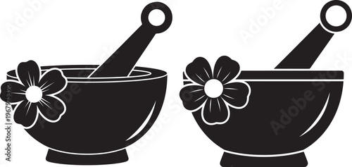 Mortar and pestle silhouette icons with flowers.