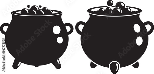 Cauldron icons silhouette bubbling potion, witch magic pot.