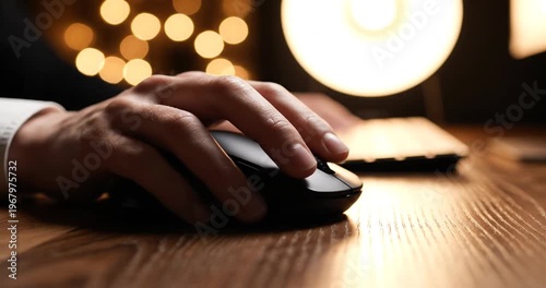 Close-up of a hand using a computer mouse on a wooden desk with soft glowing lights in the background (1)
