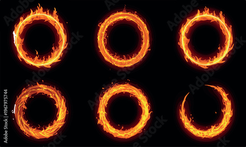 A set of 6 vibrant, detailed vector fire rings on transparent background, perfect for graphic design and digital art projects