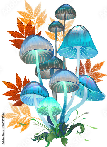 Composition with blue mushrooms