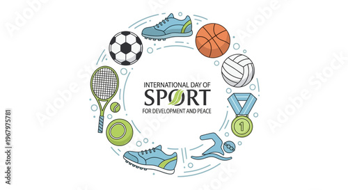 Graphic illustration of various sports equipment and icons surrounding 'International Day of Sport for Development and Peace' text on a white background, promoting unity through sports and