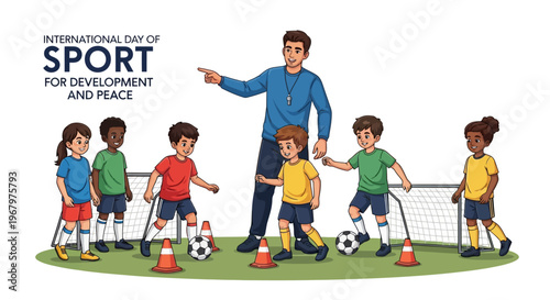 Illustration of a coach and children playing soccer on a green field for the International Day of Sport for Development and Peace, promoting unity through sports and community sports