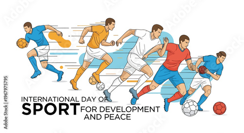Illustration of diverse athletes playing soccer and running for International Day of Sport for Development and Peace with a global sports awareness concept.
