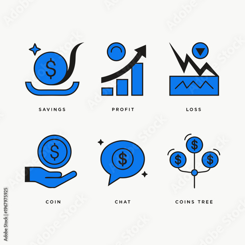 Financial icons, business symbols, money signs, 6 blue vector graphics, savings, profit, loss, coin, chat, coins tree