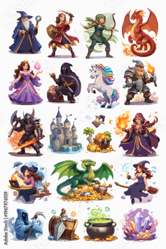 Large collection of fantasy game assets including mythical creatures, heroes, and magic objects