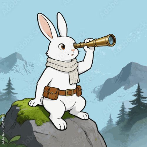 White bunny character scout looking through a brass monocular from a high rocky mountain ledge