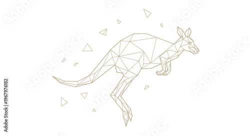 Geometric Low Poly Kangaroo Jumping Illustration, Minimalist Gold Line Art Australian Wallaby Vector Design