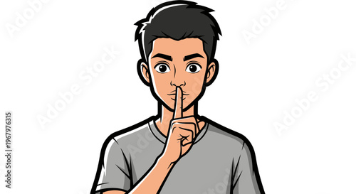 Cartoon Illustration of a Young Man Making Shh Gesture with Finger on Lips for Silence and Secrecy