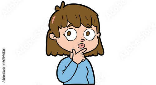 Cartoon Illustration of a Thoughtful Young Woman Thinking with a Confused Expression and Hand on Chin