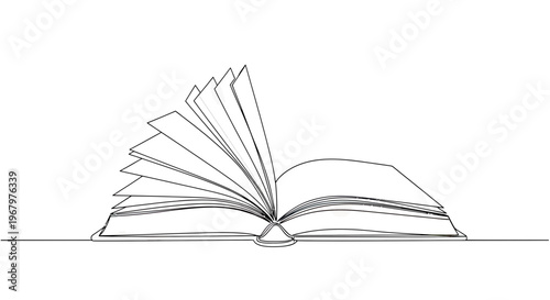 Continuous line drawing of an open book with flipping pages, minimalist vector illustration for education, reading, and knowledge concepts.