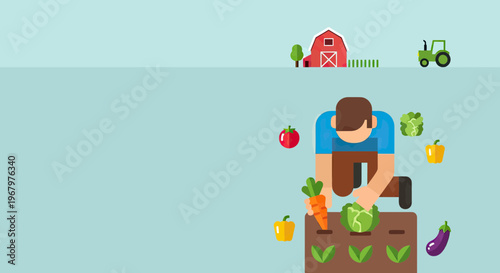 Farmer Harvesting Organic Vegetables in a Garden Flat Vector Illustration with Barn and Tractor Background