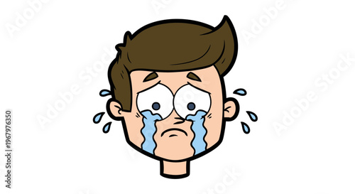 Crying Man Cartoon Character with Tears Streaming Down Face, Expressing Sadness and Grief Vector Illustration