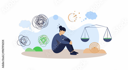 A man sits on the ground surrounded by unbalanced scales and swirling thoughts.