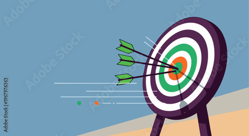 A bullseye target with three arrows hitting the center on a stand