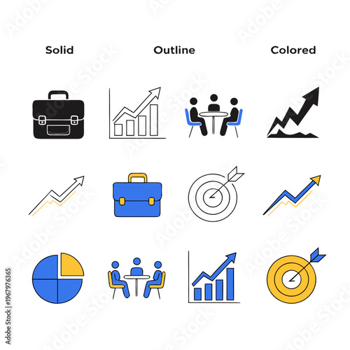 Business icons, 12 symbol set, finance and management, solid, outline, colored