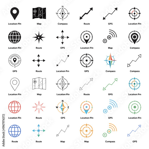 Navigation icons, map symbols, GPS signs, location markers, 40 navigation icons set