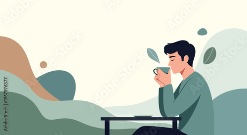 Minimalist vector illustration of a young man enjoying a cup of coffee or tea in a peaceful setting