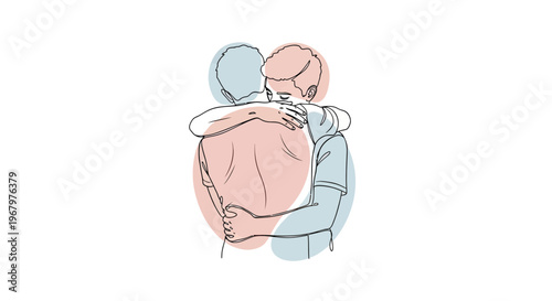 Minimalist Continuous Line Art Vector Illustration of Two Men Hugging, Gay Male Couple Expressing Love and Support with Abstract Pastel Shapes