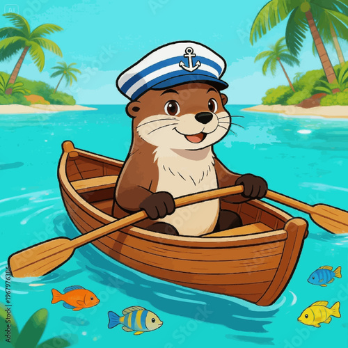 Adorable cartoon otter wearing captain hat rowing wooden boat in tropical turquoise sea