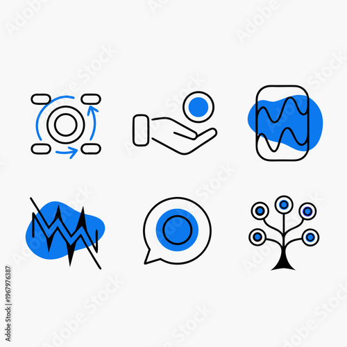 Business icons, finance symbols, 6 blue and black vector graphics, corporate signs, company logos