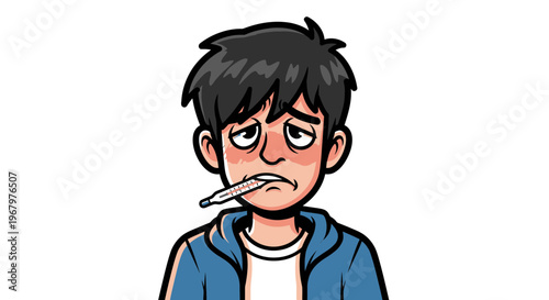 Sick Boy with Fever and Thermometer in Mouth, Young Man Feeling Unwell with Flu or Cold Symptoms, Character Portrait Vector Illustration