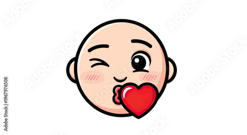 Cute Cartoon Face Blowing a Kiss with Heart and Winking Eye Illustration