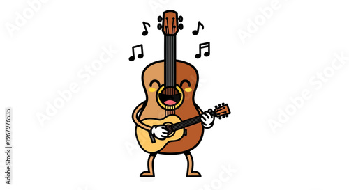 Cute Cartoon Guitar Character Playing Acoustic Guitar with Musical Notes Vector Illustration