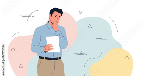 Pensive Businessman Looking at a Document with a Confused and Worried Expression in a Flat Vector Illustration