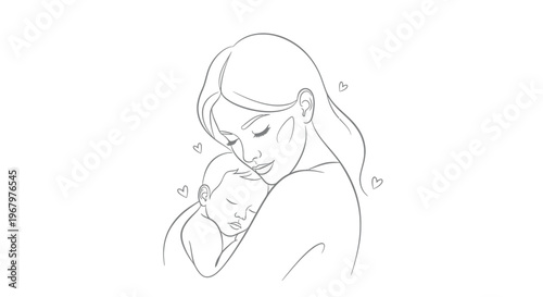 Minimalist line art illustration of a loving mother holding her sleeping baby, symbolizing motherhood and maternal affection.