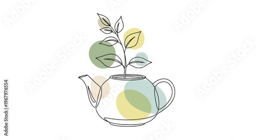 Minimalist One Line Drawing of a Teapot with Growing Tea Leaves and Abstract Pastel Shapes