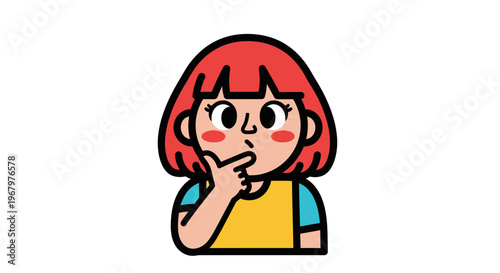 Cute Cartoon Redhead Girl Thinking and Wondering Illustration, Thoughtful Young Woman Character Contemplating an Idea, Hand on Chin Pose