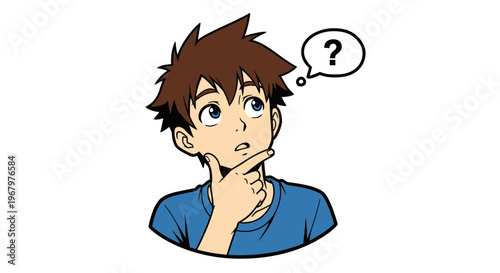 Anime Style Vector Illustration of a Young Man Thinking with a Question Mark in a Thought Bubble