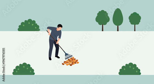 Man Raking Dry Fallen Leaves in the Garden During Autumn Season Vector Illustration