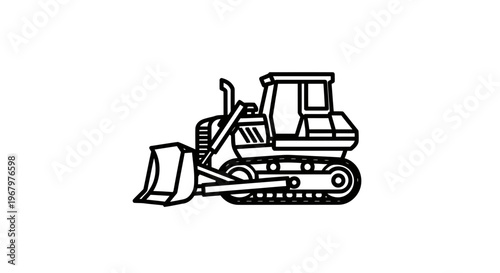 Heavy Bulldozer Vector Illustration, Construction Machinery and Earthmoving Equipment Line Art Icon Isolated on White Background