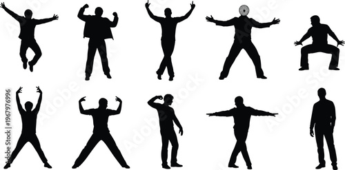 Set of male silhouettes in dancing and expressive poses, dynamic body movement collection for performance, fitness and entertainment concept isolated on white background