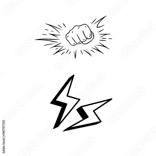 Clenched fist punching with lightning bolt power icon. Vector illustration symbolizing strength, resistance, energy, and impactful action in a comic style.