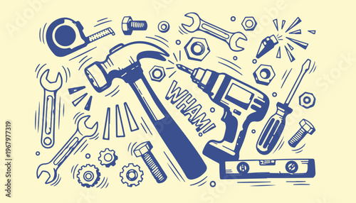 Comic style illustration of power tools and hardware with wham text in blue line artwork.