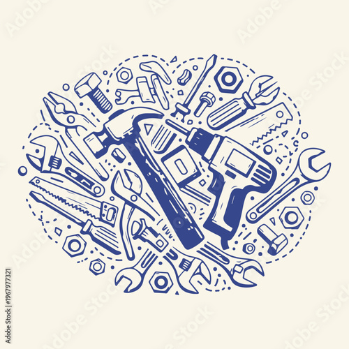 Circular composition of hardware tools and repair equipment hand drawn blue ink drawings.