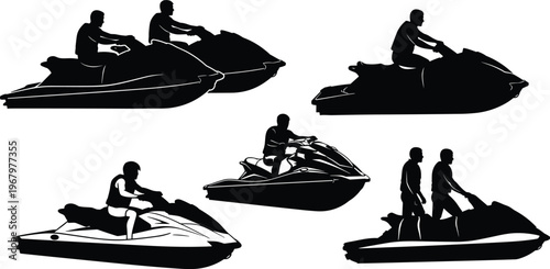 Set of jet ski silhouettes with riders in various poses on personal watercraft, summer water sport activity collection isolated on white background