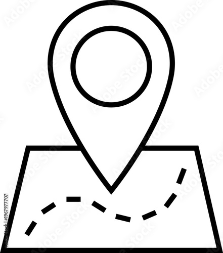 Map and location icon in black line style. Mapping vector. Geolocation map path distance. GPS cartography position. Pinpoint, map search, route and navigator isolated on transparent background.